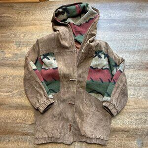 Vintage  Comint Leather Suede Wool South-Western Style Hooded Jacket Coat Sz M